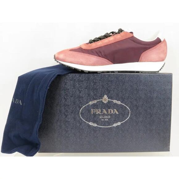 PRADA 2EG276 PINK SUEDE STRIPE BURGUNDY LOGO LOW TOP SNEAKERS 8.5 / US 9.5 ITALY main image 10